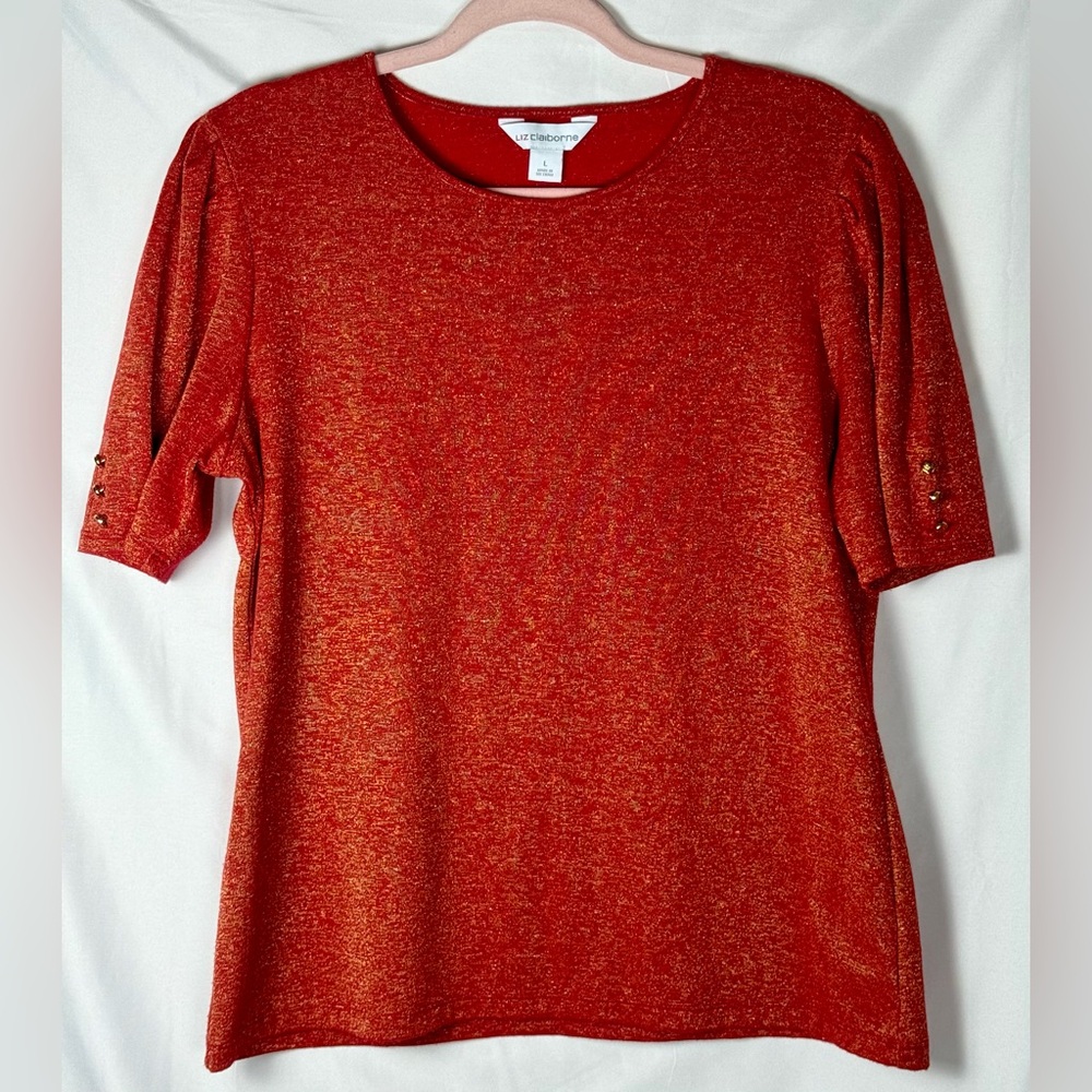 Liz Claiborne Red Top With Gold Metallic Thread, Short Sleeve, Size Large, NWOT